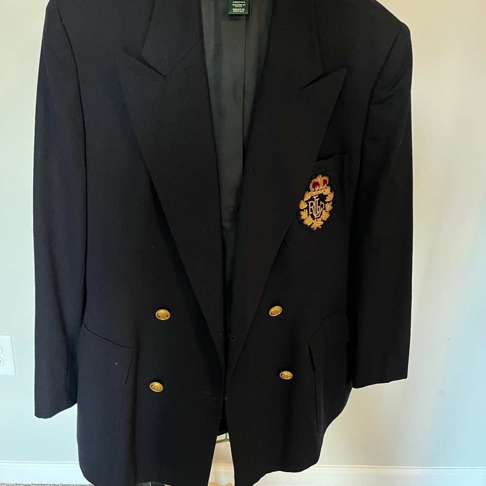 Navy Blue Ralph Lauren Sport Coat with Gold Crest and Notched Lapels
